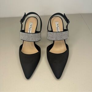 NINA Tenille Glitter Slingback Heels Size 8 M Black Satin Pointed Mid Heel Shoe